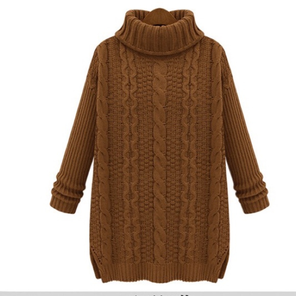 Brown cabled turtleneck sweater - Picture 4 of 5